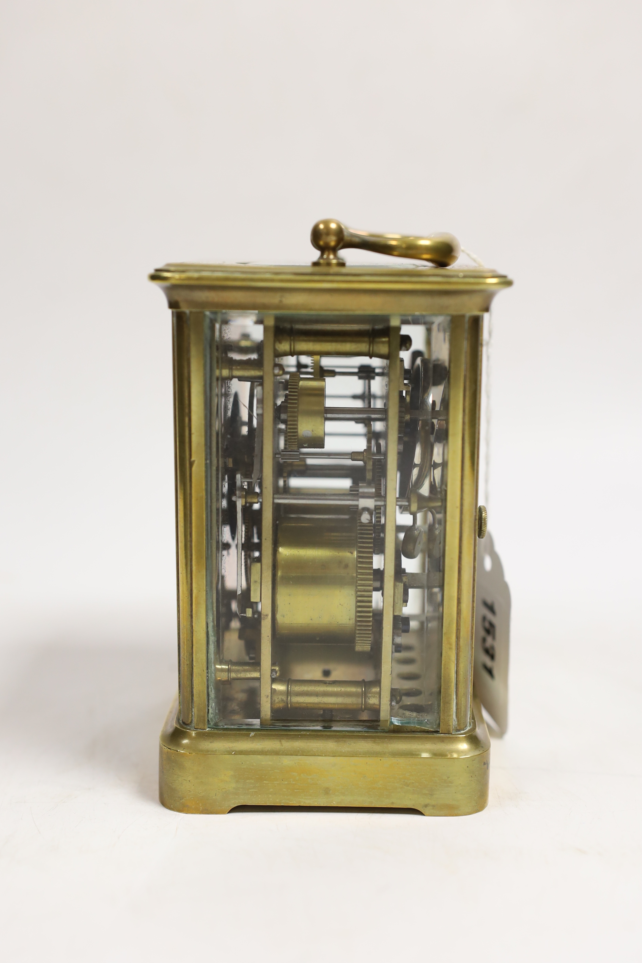 A late 19th century French carriage clock, with alarm, portable in case, clock 14cm high